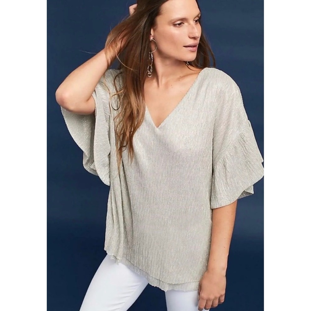 Anthropologie Vanessa Virginia Metallic Blouse Women Small Silver Chic Party Top